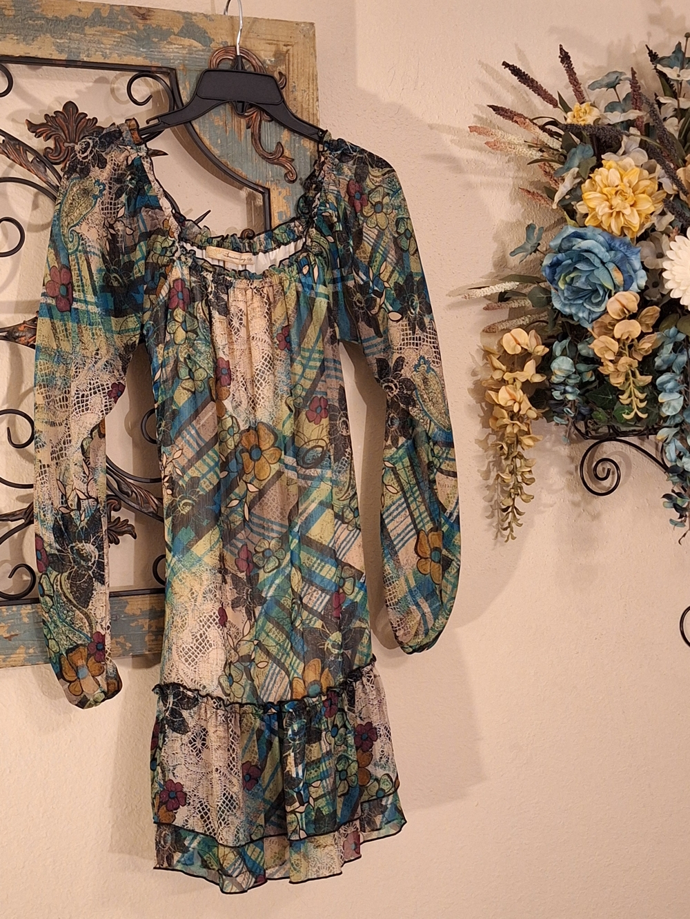 American Rag Sheer Floral-Plaid Mini Dress in Teal, Yellow, Blue, Brown. Size XS